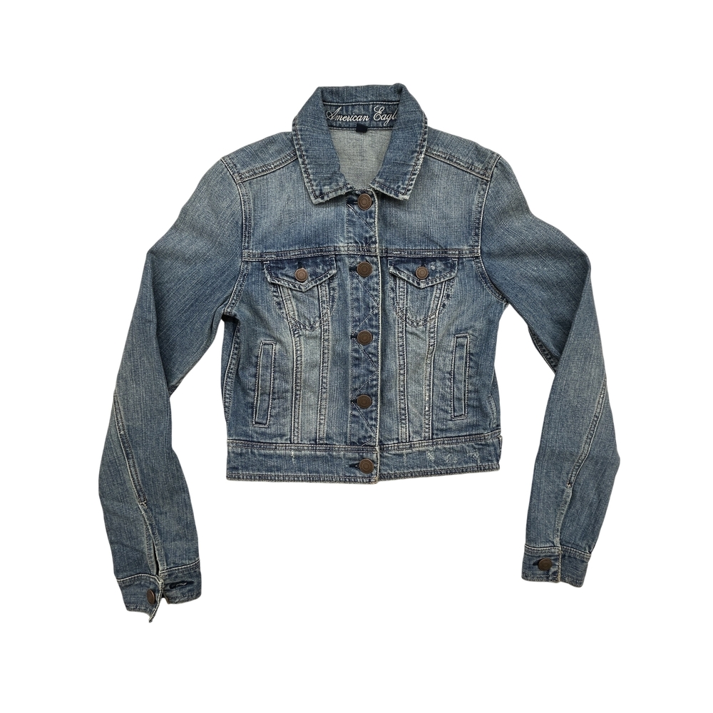 American Eagle Jacket Womens Small Denim Blue Button Front Distressed Classic